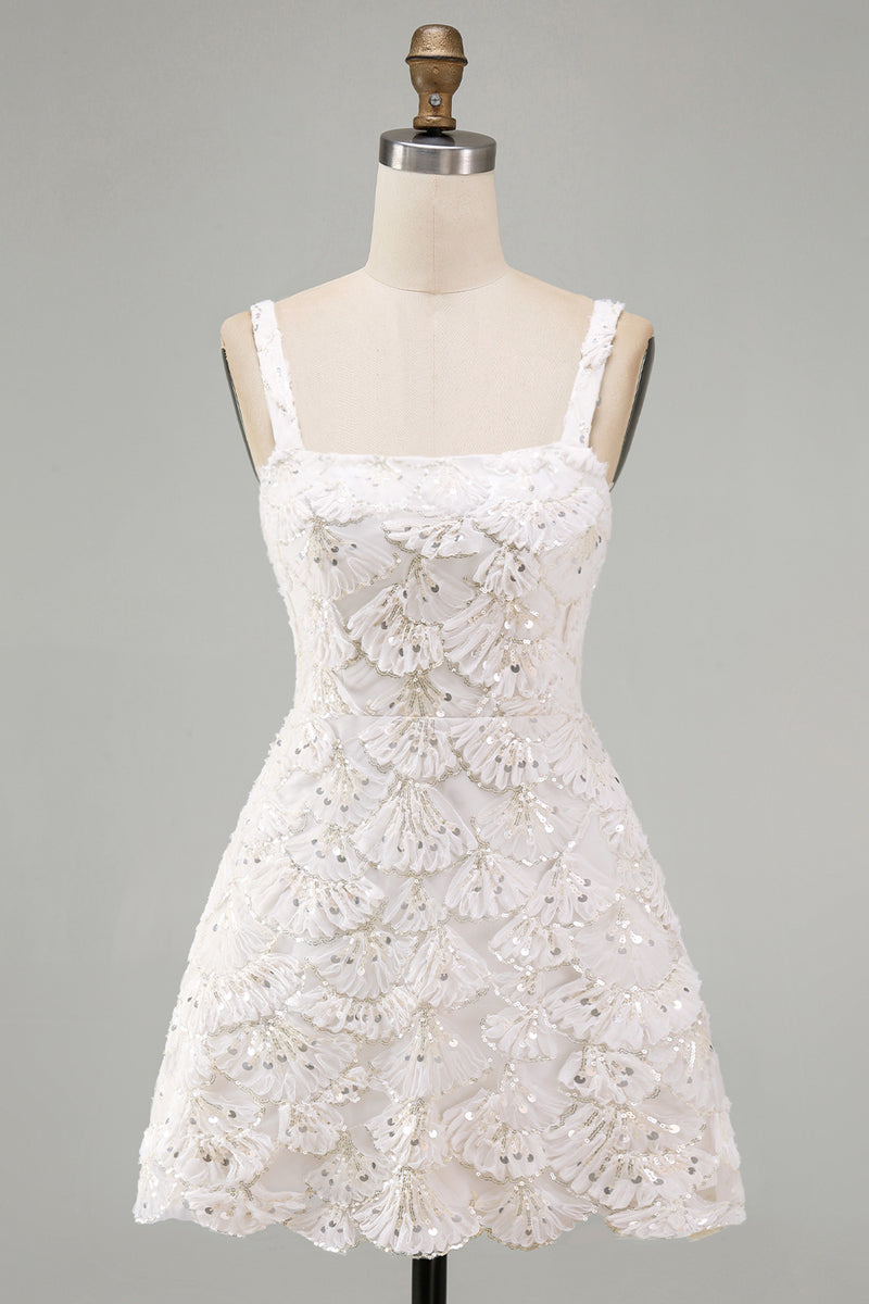 Load image into Gallery viewer, Ivory Sparkly Sequin Floral Tight Short A-Line Cocktail Dress