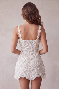 Ivory Sparkly Sequin Floral Tight Short A-Line Cocktail Dress
