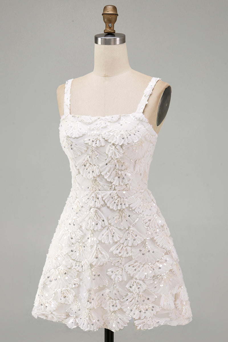 Load image into Gallery viewer, Ivory Sparkly Sequin Floral Tight Short A-Line Cocktail Dress