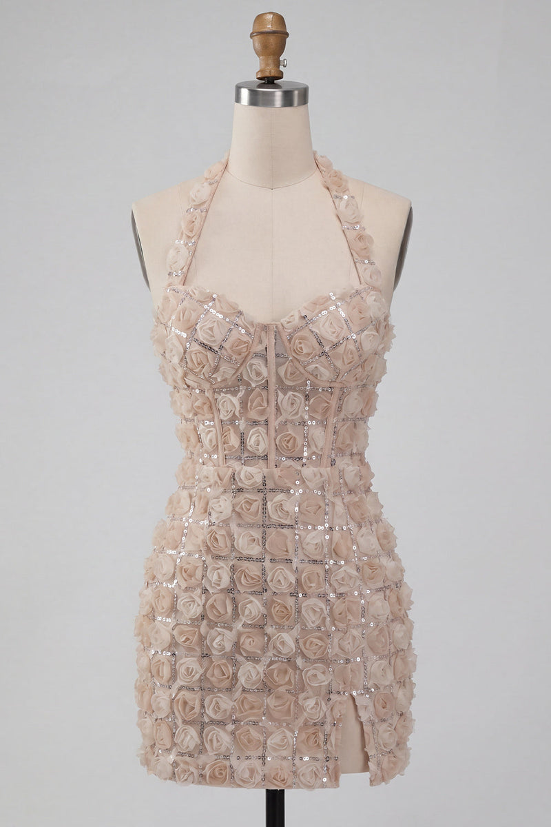 Load image into Gallery viewer, Floral Champagne Sparkly Sequin Tight Short Corset Cocktail Dress
