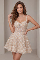 Load image into Gallery viewer, Champagne Sparkly Sequin Short A-Line Coktail Dress with 3D Flowers