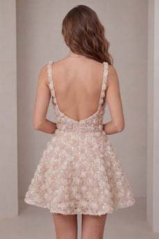 Champagne Sparkly Sequin Short A-Line Coktail Dress with 3D Flowers