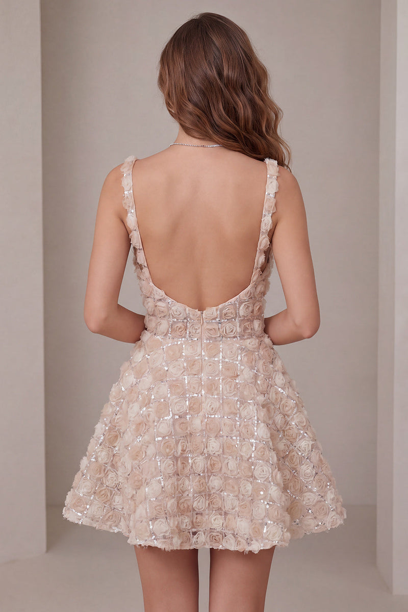Load image into Gallery viewer, Champagne Sparkly Sequin Short A-Line Coktail Dress with 3D Flowers