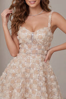 Load image into Gallery viewer, Champagne Sparkly Sequin Short A-Line Coktail Dress with 3D Flowers