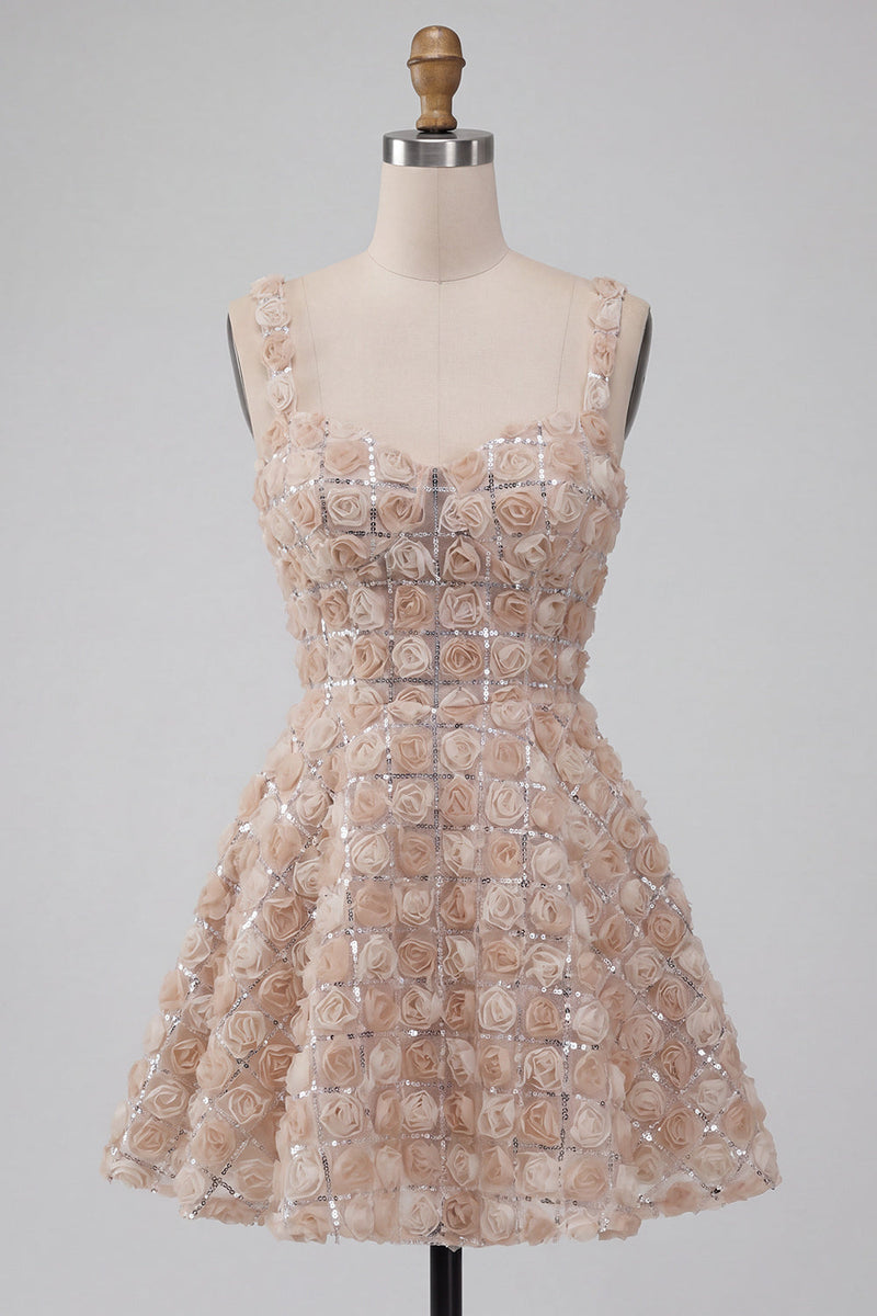 Load image into Gallery viewer, Champagne Sparkly Sequin Short A-Line Coktail Dress with 3D Flowers