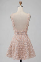 Load image into Gallery viewer, Champagne Sparkly Sequin Short A-Line Coktail Dress with 3D Flowers