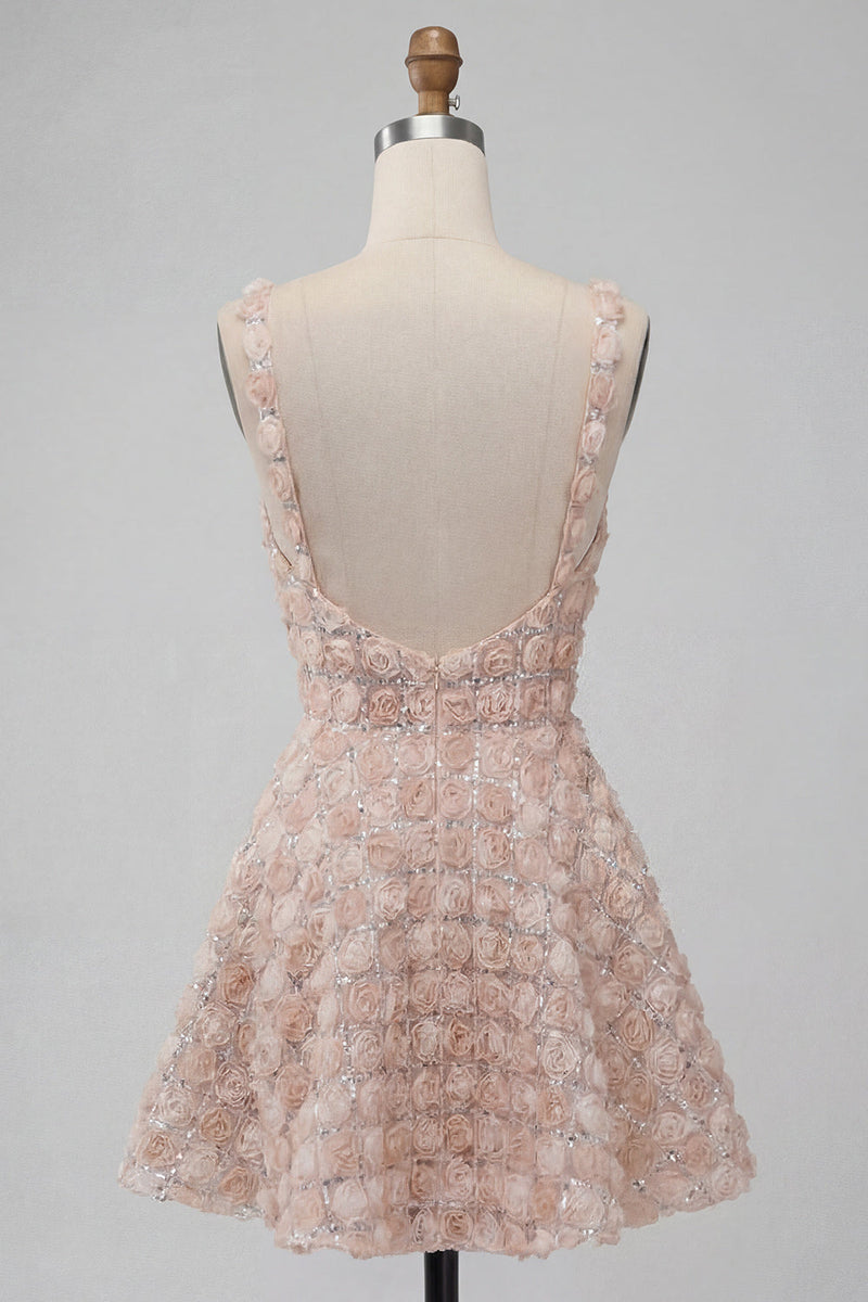 Load image into Gallery viewer, Champagne Sparkly Sequin Short A-Line Coktail Dress with 3D Flowers