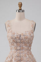 Load image into Gallery viewer, Champagne Sparkly Sequin Short A-Line Coktail Dress with 3D Flowers
