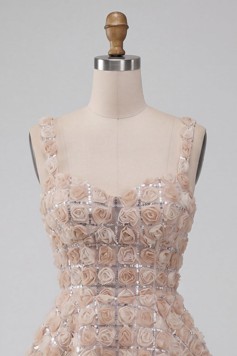 Load image into Gallery viewer, Champagne Sparkly Sequin Short A-Line Coktail Dress with 3D Flowers