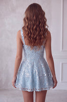 Load image into Gallery viewer, Floral Sparkly Sky Blue Sequin Short A-Line Cocktail Dress with Bow