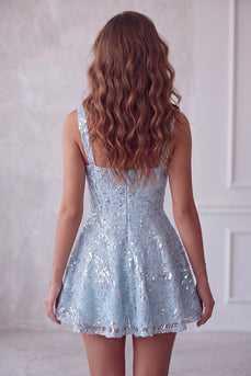 Floral Sparkly Sky Blue Sequin Short A-Line Cocktail Dress with Bow