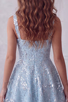 Load image into Gallery viewer, Floral Sparkly Sky Blue Sequin Short A-Line Cocktail Dress with Bow