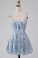 Load image into Gallery viewer, Floral Sparkly Sky Blue Sequin Short A-Line Cocktail Dress with Bow