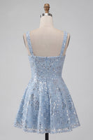 Load image into Gallery viewer, Floral Sparkly Sky Blue Sequin Short A-Line Cocktail Dress with Bow