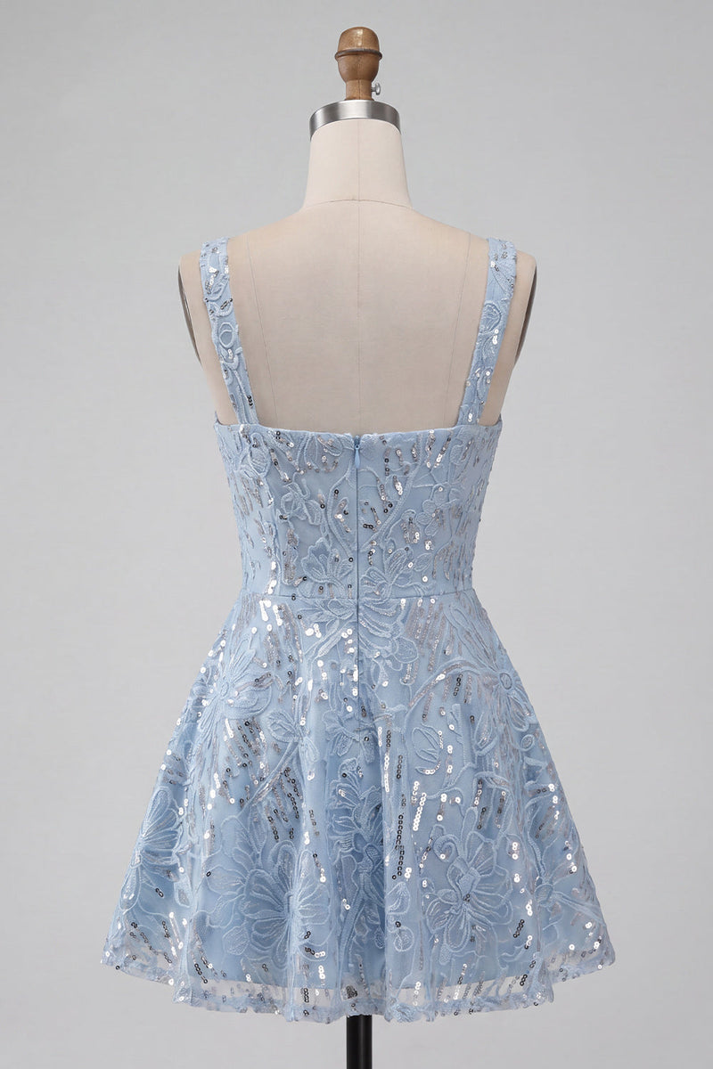 Load image into Gallery viewer, Floral Sparkly Sky Blue Sequin Short A-Line Cocktail Dress with Bow