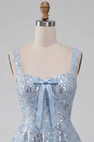 Load image into Gallery viewer, Floral Sparkly Sky Blue Sequin Short A-Line Cocktail Dress with Bow