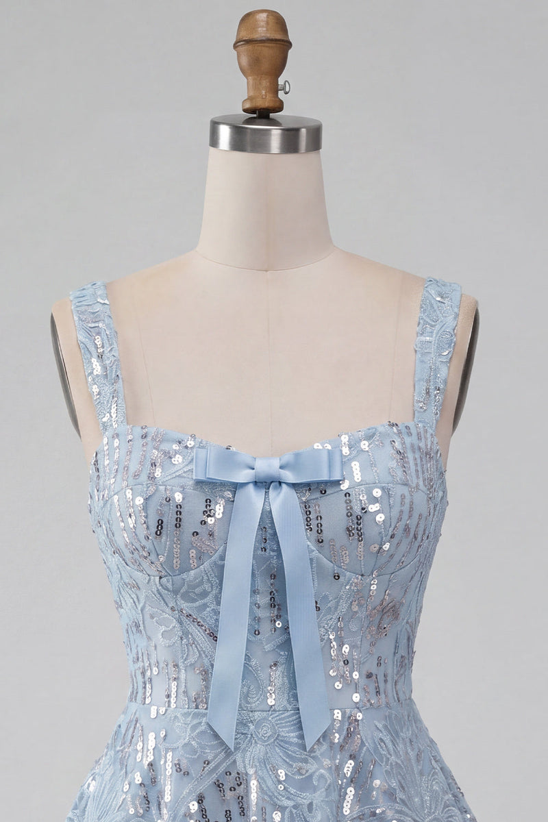 Load image into Gallery viewer, Floral Sparkly Sky Blue Sequin Short A-Line Cocktail Dress with Bow