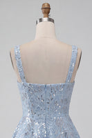 Load image into Gallery viewer, Floral Sparkly Sky Blue Sequin Short A-Line Cocktail Dress with Bow