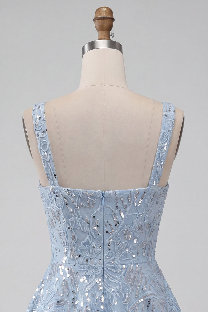 Load image into Gallery viewer, Floral Sparkly Sky Blue Sequin Short A-Line Cocktail Dress with Bow