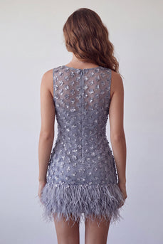 Sparkly Dusty Lavender Floral Short Tight Cocktail Dress with Feather