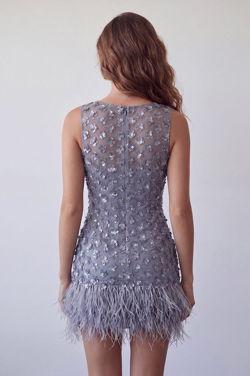 Load image into Gallery viewer, Sparkly Dusty Lavender Floral Short Tight Cocktail Dress with Feather
