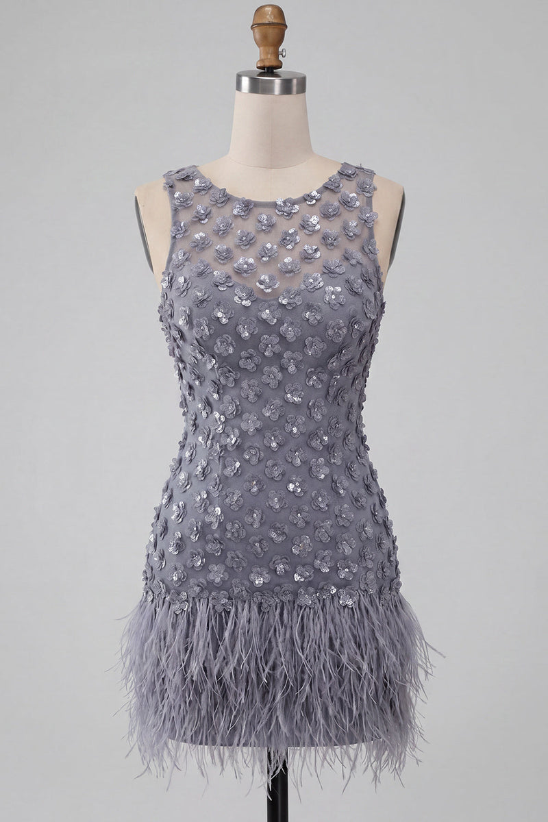Load image into Gallery viewer, Sparkly Dusty Lavender Floral Short Tight Cocktail Dress with Feather