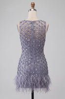 Load image into Gallery viewer, Sparkly Dusty Lavender Floral Short Tight Cocktail Dress with Feather