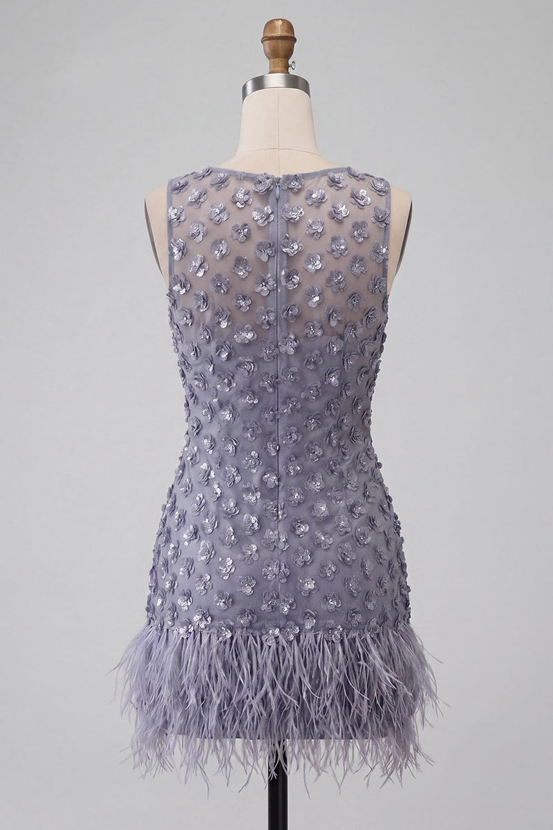 Load image into Gallery viewer, Sparkly Dusty Lavender Floral Short Tight Cocktail Dress with Feather