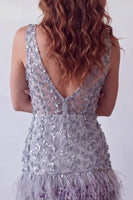 Load image into Gallery viewer, Floral Dusty Lavender Sparkly Tight Short Sequin Cocktail Dress with Feather
