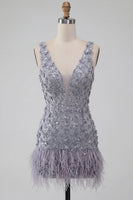 Load image into Gallery viewer, Floral Dusty Lavender Sparkly Tight Short Sequin Cocktail Dress with Feather