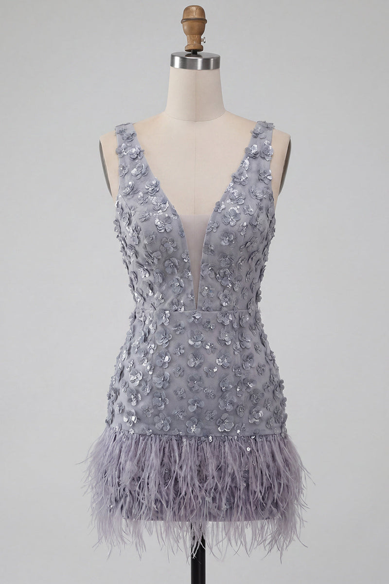 Load image into Gallery viewer, Floral Dusty Lavender Sparkly Tight Short Sequin Cocktail Dress with Feather