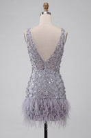 Load image into Gallery viewer, Floral Dusty Lavender Sparkly Tight Short Sequin Cocktail Dress with Feather