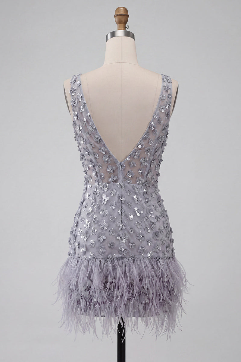 Load image into Gallery viewer, Floral Dusty Lavender Sparkly Tight Short Sequin Cocktail Dress with Feather