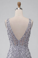 Load image into Gallery viewer, Floral Dusty Lavender Sparkly Tight Short Sequin Cocktail Dress with Feather