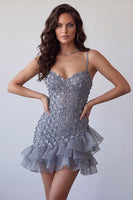 Load image into Gallery viewer, Floral Dusty Lavender Sequin Sparkly Tight Short Cocktail Dress with Ruffles