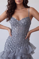Load image into Gallery viewer, Floral Dusty Lavender Sequin Sparkly Tight Short Cocktail Dress with Ruffles