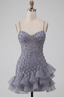 Load image into Gallery viewer, Floral Dusty Lavender Sequin Sparkly Tight Short Cocktail Dress with Ruffles