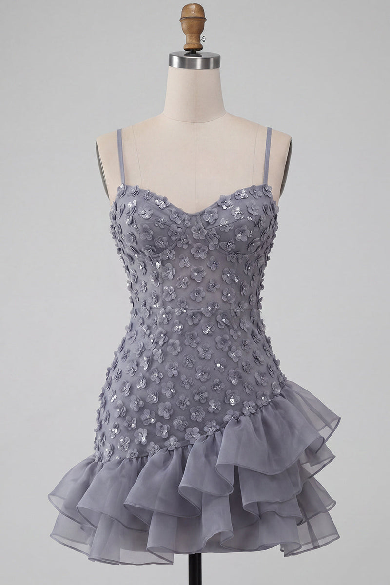 Load image into Gallery viewer, Floral Dusty Lavender Sequin Sparkly Tight Short Cocktail Dress with Ruffles
