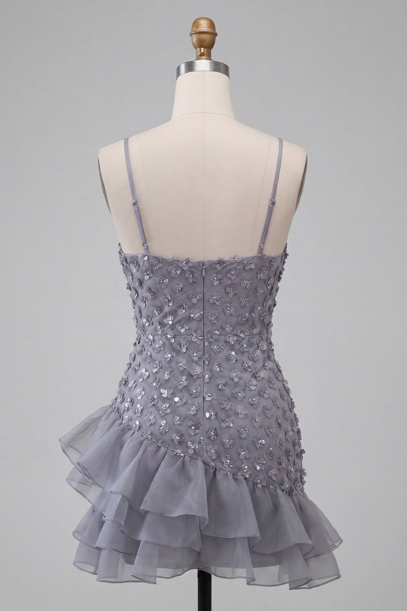 Load image into Gallery viewer, Floral Dusty Lavender Sequin Sparkly Tight Short Cocktail Dress with Ruffles