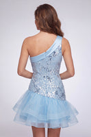 Load image into Gallery viewer, Sparkly Sequin Sky Blue Floral Tight Short Cocktail with Ruffles