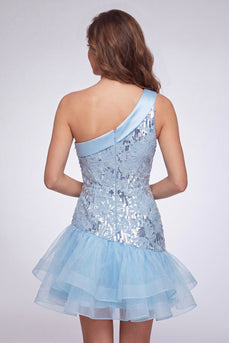 Sparkly Sequin Sky Blue Floral Tight Short Cocktail with Ruffles