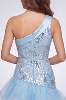 Load image into Gallery viewer, Sparkly Sequin Sky Blue Floral Tight Short Cocktail with Ruffles