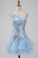 Load image into Gallery viewer, Sparkly Sequin Sky Blue Floral Tight Short Cocktail with Ruffles