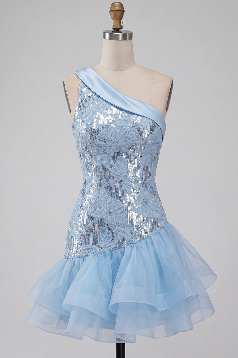 Load image into Gallery viewer, Sparkly Sequin Sky Blue Floral Tight Short Cocktail with Ruffles