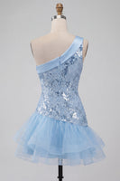 Load image into Gallery viewer, Sparkly Sequin Sky Blue Floral Tight Short Cocktail with Ruffles