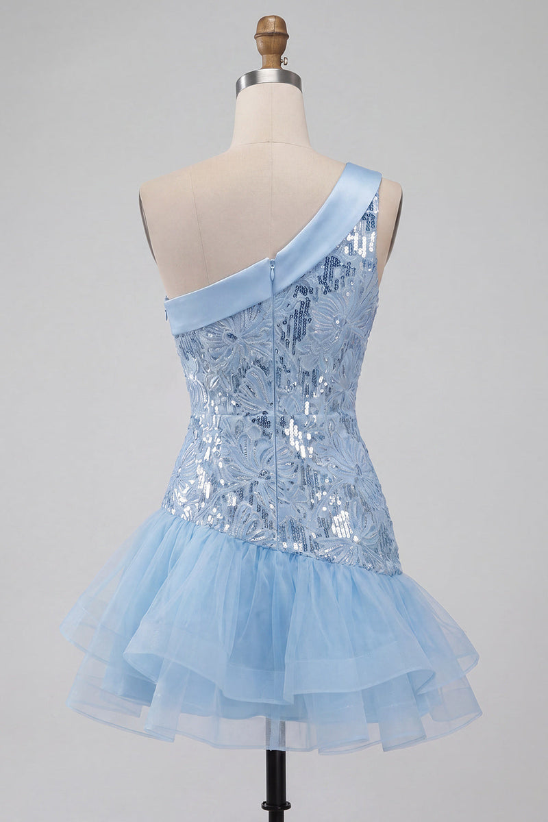 Load image into Gallery viewer, Sparkly Sequin Sky Blue Floral Tight Short Cocktail with Ruffles