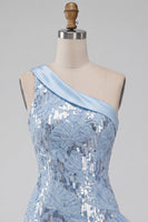 Load image into Gallery viewer, Sparkly Sequin Sky Blue Floral Tight Short Cocktail with Ruffles