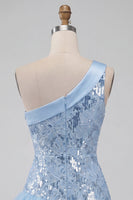 Load image into Gallery viewer, Sparkly Sequin Sky Blue Floral Tight Short Cocktail with Ruffles