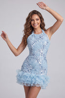 Load image into Gallery viewer, Sparkly Sky Blue Floral Sequin Halter Tight Short Ruffled Cocktail Dress