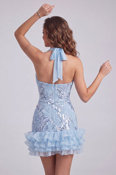 Sparkly Sky Blue Floral Sequin Halter Tight Short Ruffled Cocktail Dress